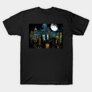 New York Skyline 2050 A Startling 3D Cityscape under a Looming Moon T-Shirt